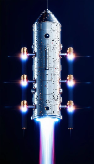 A Large, Futuristic Spacecraft Is Shown In A Dark
