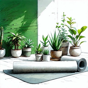 Lifestyle Pencil Sketch: Wellness Scene With Yoga Mat And Plants With Image, There