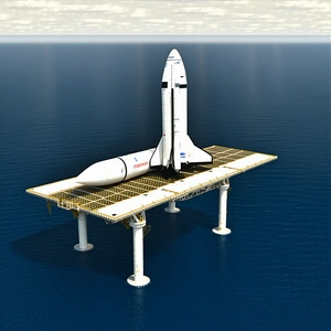 A Large White Space Shuttle Sitting On Top Of A Floating Platform In The Ocean