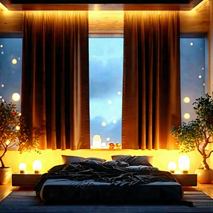 Lifestyle Macro Photography: Bedroom sanctuary with warm (lighting:1.38)