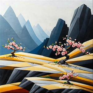 Nature Acrylic Painting: Cherry Blossoms In Rocky Terrain With Image, There