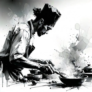 Lifestyle Charcoal Drawing: Professional Enjoying Cooking With Chef Standing