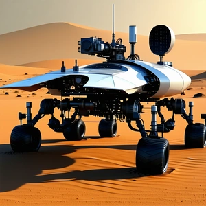 A White Robotic Vehicle, Possibly A Rover, Sitting On A Sandy Surface