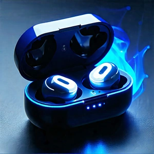 Tech Linocut Print: Wireless Earbuds With Glowing Screen With Pair Blue
