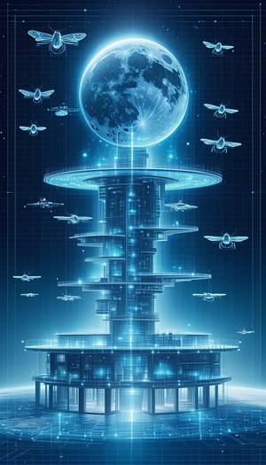 In This Futuristic Scene, A Large Tower Is Surrounded By A Variety Of Flying Vehicles