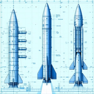 A Blue Rocket Ship Is Shown In Three Different Stages Of Its Flight