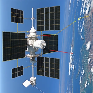 The Image Is A Space Shot Of A Space Station, Which Is A Large Satellite With A Lot Of Solar Panels