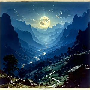 Nature Etching: Valley During Night With Painting Moonlit