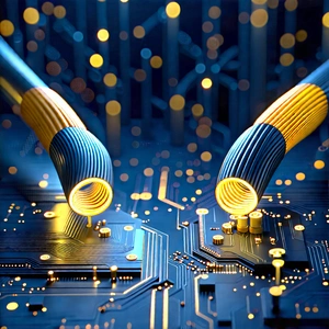 Close-up Of Fiber Optic Cables With Close-up Computer