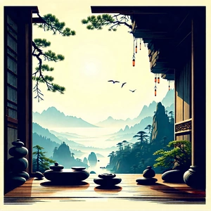 Lifestyle Woodcut Print: Wellness Scene With Natural Lighting With Beautiful Scene