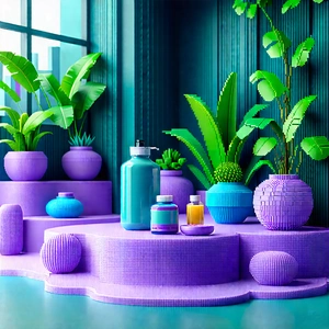 Lifestyle Voxel Art: Wellness Scene With Fitness Equipment With Purple Table