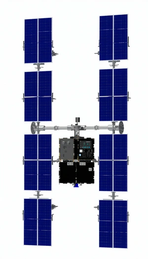 A Spacecraft Is Shown In A White Background, With A Large Solar Panel On The Side