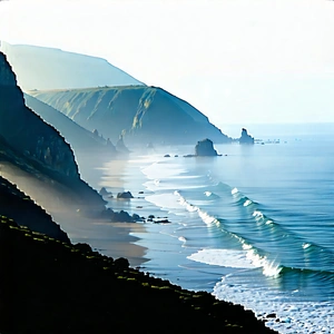 Nature Minimalist Design: (mist:1.44) Over Coastline With Beautiful Beach