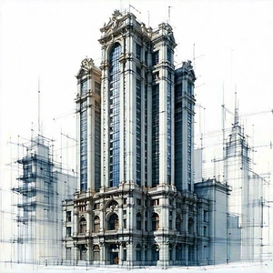 Urban Pencil Sketch: Skyscraper With Ornate Details With Drawing Large