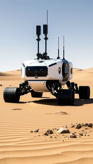 A White Robot Is Driving Across A Sandy Desert
