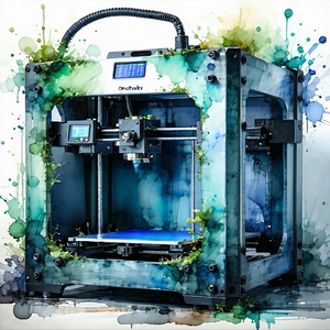 Tech Watercolor Painting: 3d printer with data streams