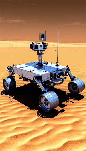 A Large Robotic Vehicle With A Camera On Top, Driving Across A Sandy Terrain