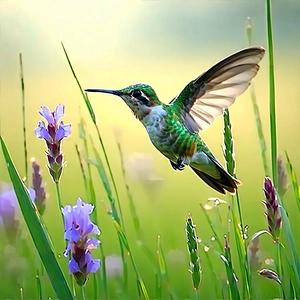 Nature Technical Illustration: Hummingbird In Prairie Grassland With Green White