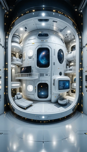 In This Image, There Is A Large White Space Station With A Futuristic Design