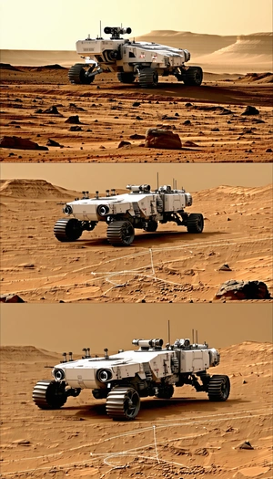The Image Is A Split-screen View Of A White Rover Vehicle Driving On A Dirt Road