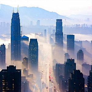 Urban Pastel Drawing: Cityscape Of Downtown District During Foggy Morning With Black White