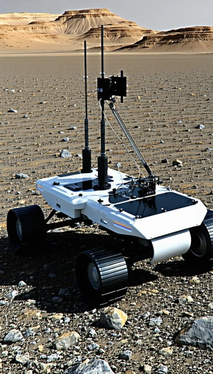 A White Robotic Vehicle With A Large Antenna On Top Of It