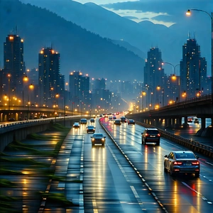 Urban Macro Photography: Cityscape of coastal city during rush hour