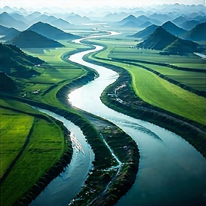 Nature Etching: Aerial View Of Winding River With Large River