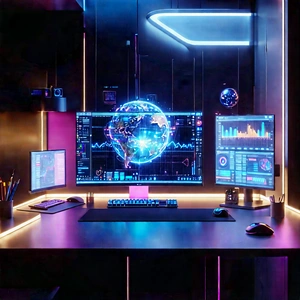 Futuristic Digital Workspace With Image, There