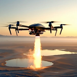 A Large Drone Is Flying Over A Lake, And It Is Releasing A Stream Of Smoke