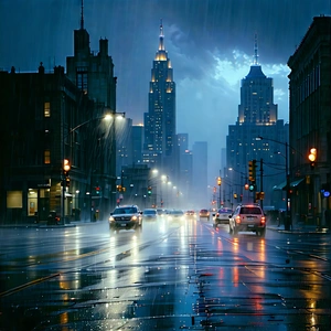 Urban Long Exposure Photography: Cityscape Of Downtown District During Rainy Evening With Rainy Night