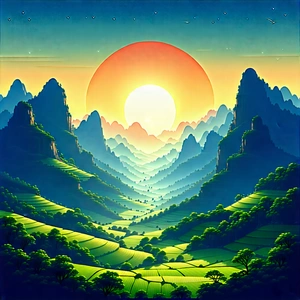 Nature Flat Design: Valley During Sunrise With Painting Beautiful
