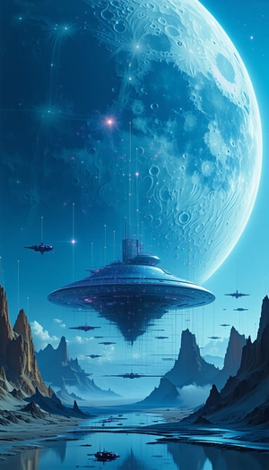 A Futuristic Scene With A Large, Round Spacecraft Floating In The Sky
