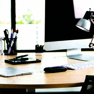 Business Commercial Photography: Workplace With Modern Office Supplies On Desk With Wooden Desk