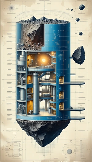 A Large Blue Structure Is Shown In A Drawing, With A Large Rock In The Middle Of The Structure