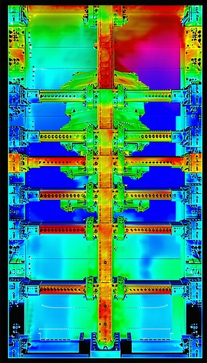 The Image Is A Close-up Of A Large Metal Structure, Possibly A Bridge Or A Building