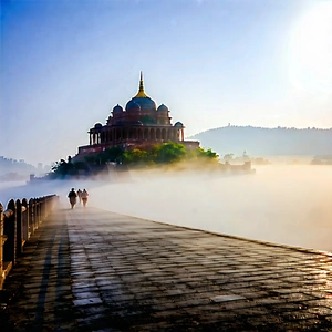 Urban Digital Illustration: Historic Monument With Morning (mist:1.4) With Couple Walking