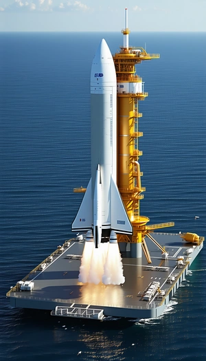 A Large Rocket Ship On A Runway, With A Yellow Tower In The Background