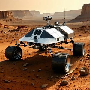 A Futuristic Vehicle, Possibly A Rover Or A Tank, Parked On A Rocky Terrain