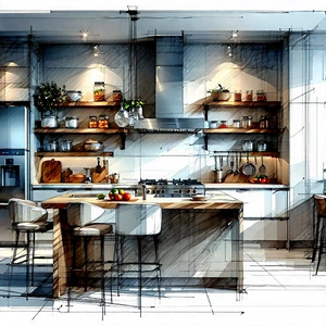 Lifestyle Ink Drawing: (modern:1.21) Kitchen With Organized Space With Drawing Kitchen,