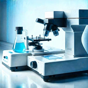 Tech Lithograph: Healthcare Technology In Modern Laboratory With Microscope Table,
