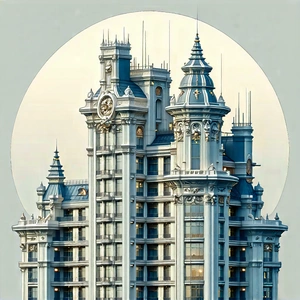 Urban Technical Illustration: Skyscraper With Ornate Details With Large, Ornate
