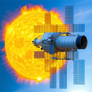 A Spacecraft With A Large Solar Panel On Its Side, Flying Through The Sky