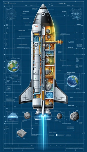 A Space Shuttle Is Shown In A Blue And White Drawing, With A Detailed View Of Its Interior