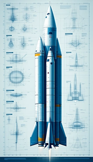 A Blue Rocket Ship Is Shown In A Blueprint Drawing