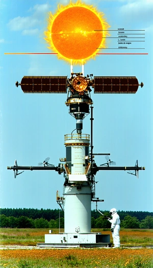 A Large Satellite Dish Is Mounted On A Tower, With A Large Sun In The Background