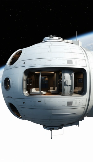A Large White Spacecraft Is Shown With Its Interior Open, Revealing A Comfortable Living Space