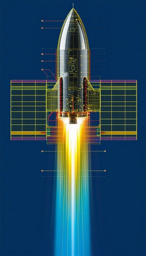A Rocket Is Shown In A Blue Background, With A Yellow Line Coming Out Of It