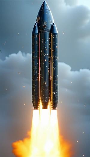 A Rocket Launching Into The Sky, With Its Booster Rockets Igniting As It Ascends