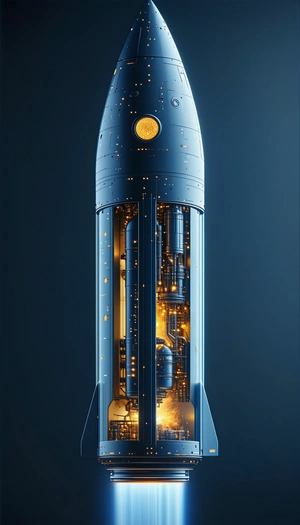 A Rocket Ship Is Shown In A Blue And Yellow Color Scheme